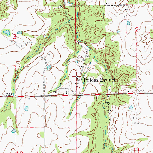 Topographic Map of Prices Branch, MO