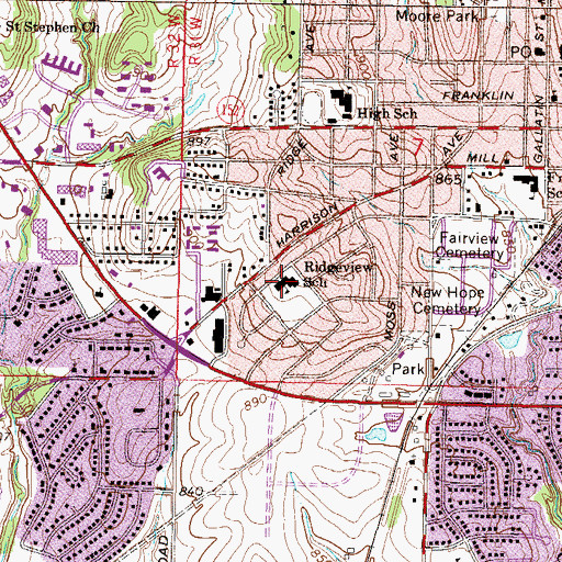 Topographic Map of Ridgeview Elementary School, MO