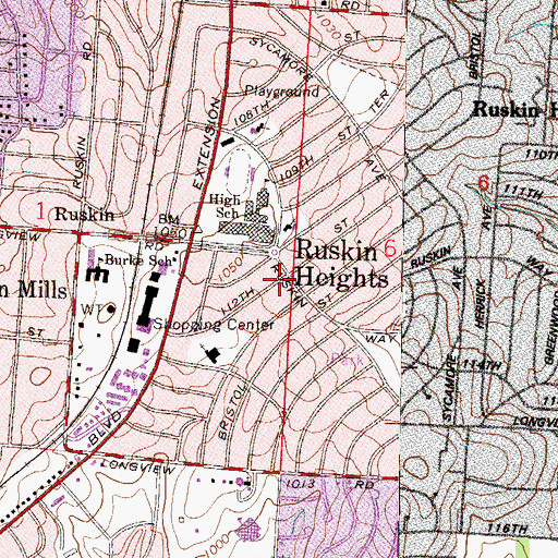 Topographic Map of Ruskin Heights, MO