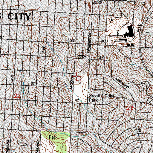 Topographic Map of Seven Oaks School (historical), MO