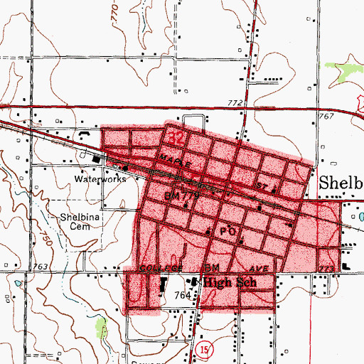 Topographic Map of Shelbina, MO
