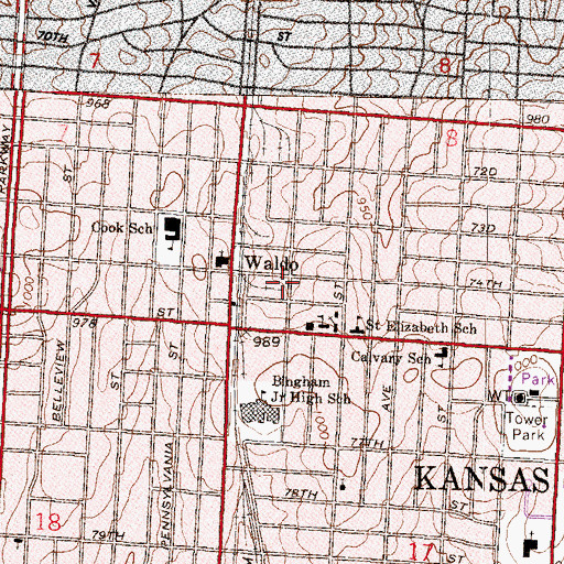 Topographic Map of Waldo, MO