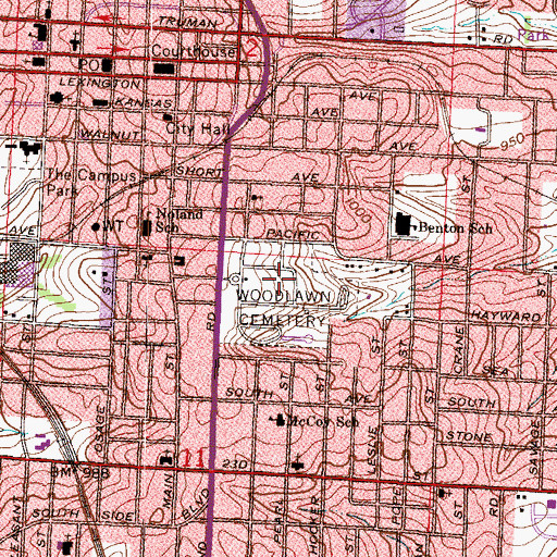 Topographic Map of Woodlawn Cemetery, MO