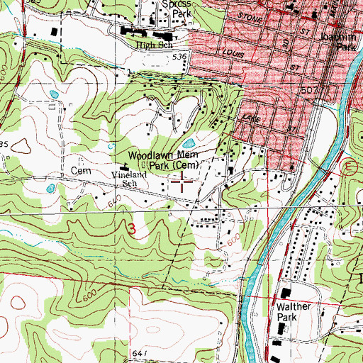 Topographic Map of Woodlawn Memorial Park, MO