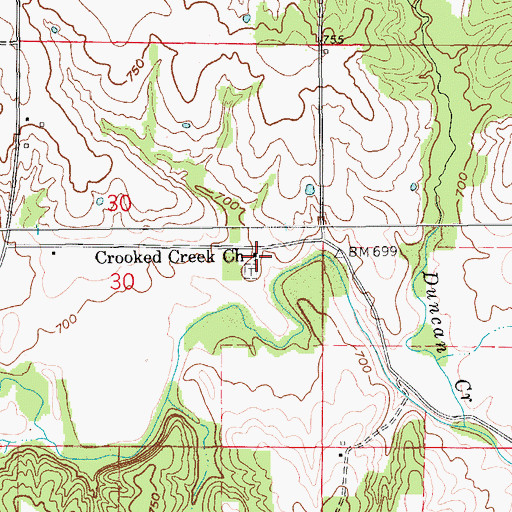 Topographic Map of Crooked Creek Church, MO