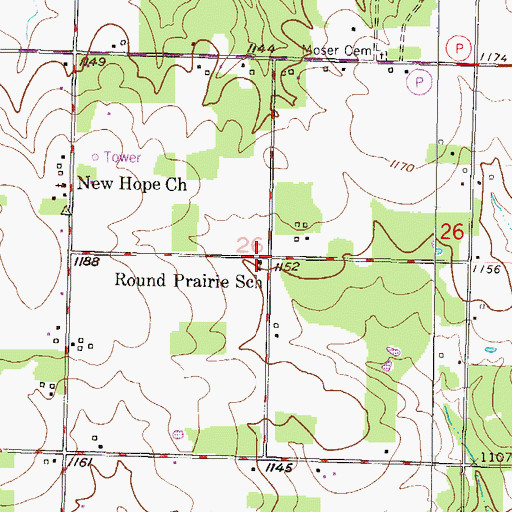 Topographic Map of Round Prairie School (historical), MO