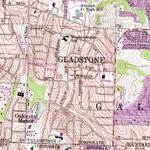 Topographic Map of Gladstone, MO
