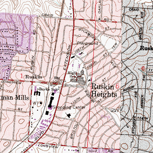 Topographic Map of Ruskin High School, MO