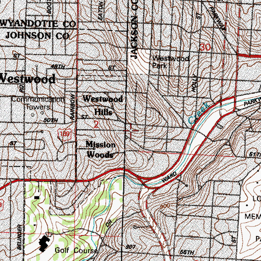 Topographic Map of Westwood Shops, MO