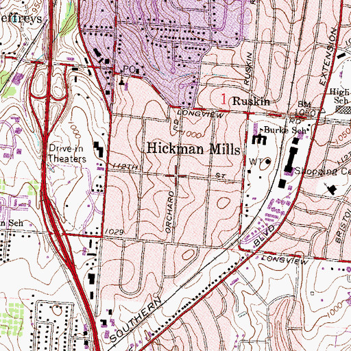 Topographic Map of Hickman Mills, MO