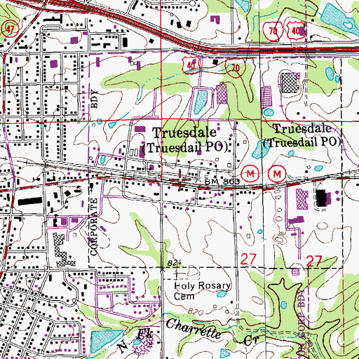 Topographic Map of Truesdale, MO
