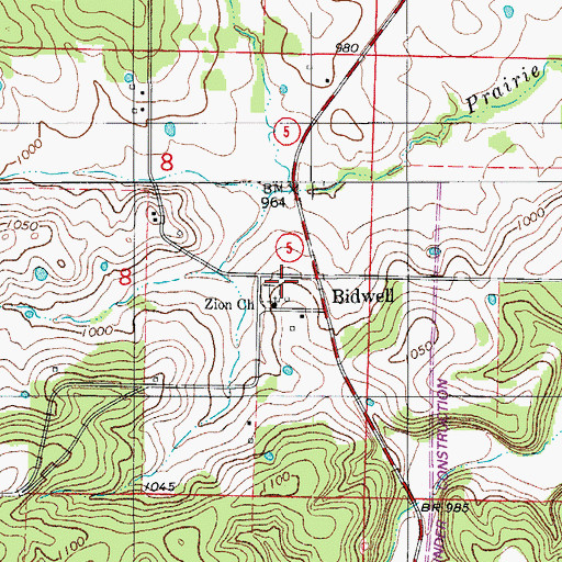 Topographic Map of Bidwell, MO