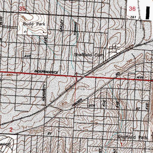 Topographic Map of Independence Avenue and Topping Shopping Center, MO