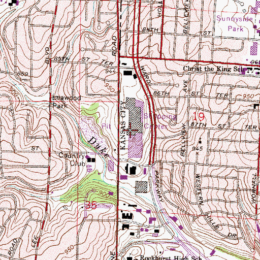 Topographic Map of Ward Parkway Center, MO