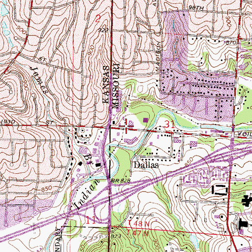 Topographic Map of Watts Mill Center, MO