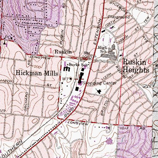 Topographic Map of Ruskin Heights Shopping Center, MO