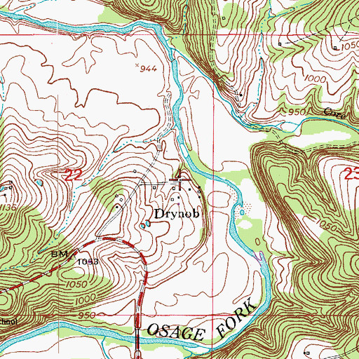 Topographic Map of Drynob, MO