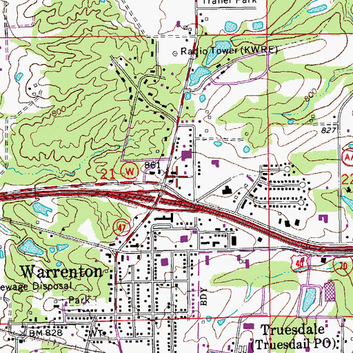 Topographic Map of KWRE-AM (Warrenton), MO