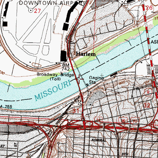 Topographic Map of Broadway Bridge, MO
