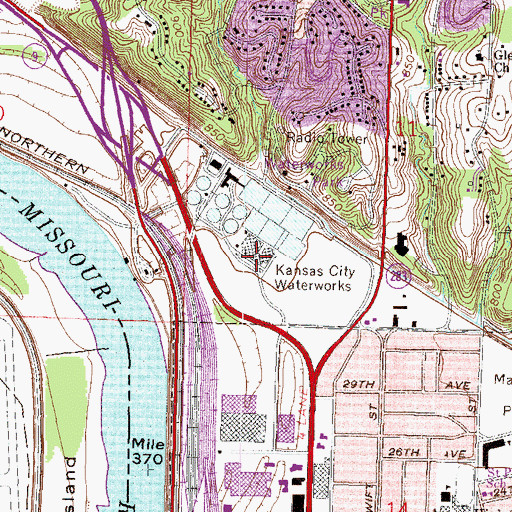 Topographic Map of Kansas City Waterworks, MO