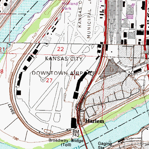 Topographic Map of Charles B Wheeler Downtown Airport, MO