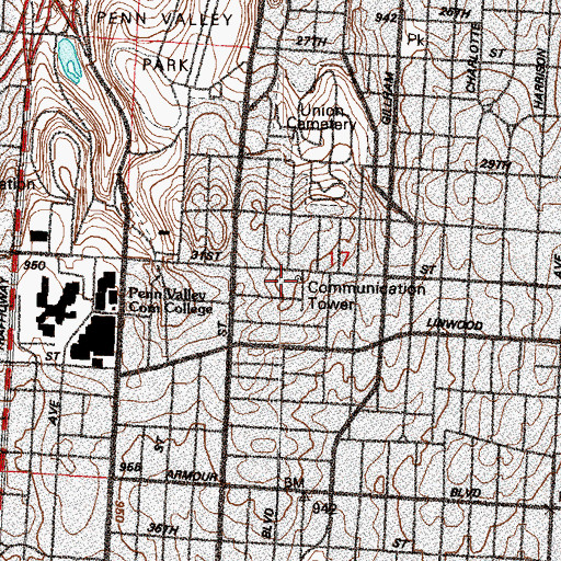 Topographic Map of KCPW-FM (Kansas City), MO