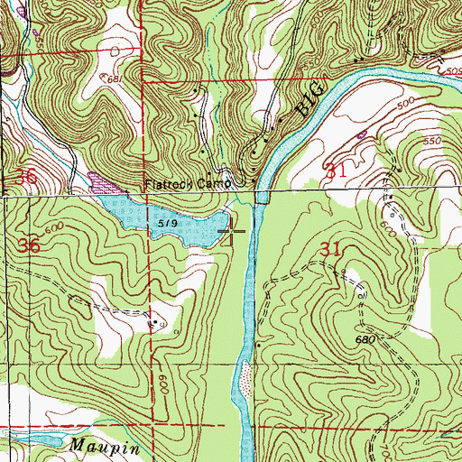 Topographic Map of Flat Rock Lake Dam, MO