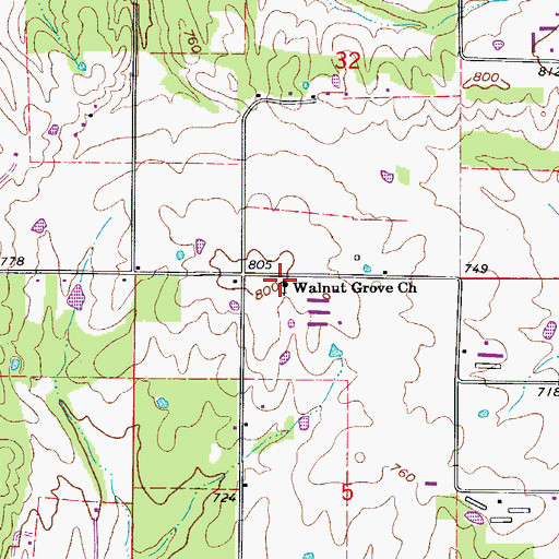Topographic Map of Walnut Grove Freewill Baptist Church, AR