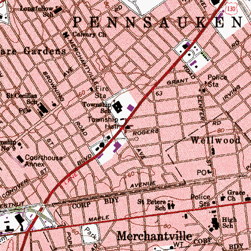 Topographic Map of Pennsauken, NJ