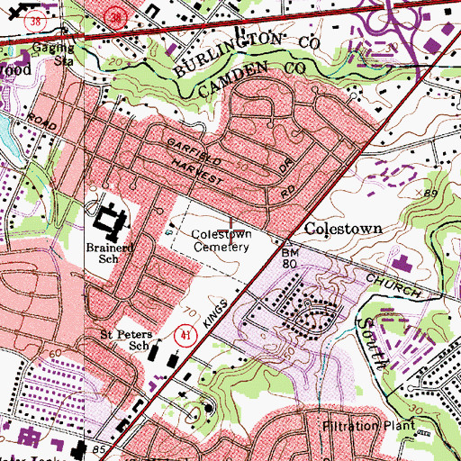 Topographic Map of Colestown Cemetery, NJ