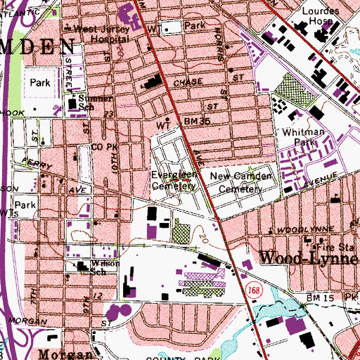 Topographic Map of Evergreen Cemetery, NJ