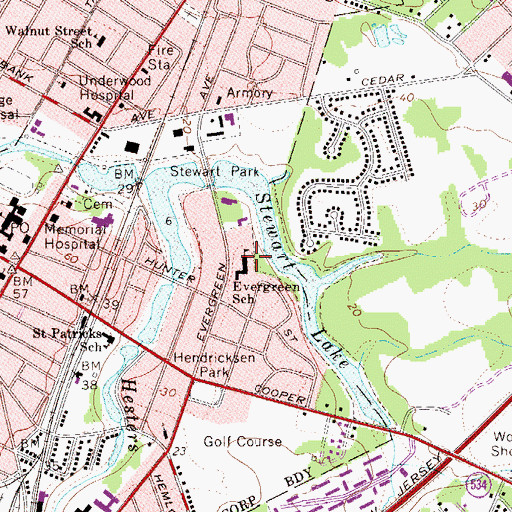 Topographic Map of Evergreen Avenue Elementary School, NJ