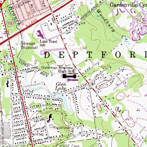 Topographic Map of Gateway Regional High School, NJ