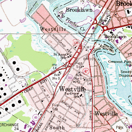 Topographic Map of Borough of Westville, NJ