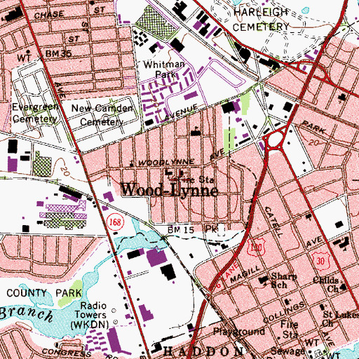 Topographic Map of Borough of Woodlynne, NJ