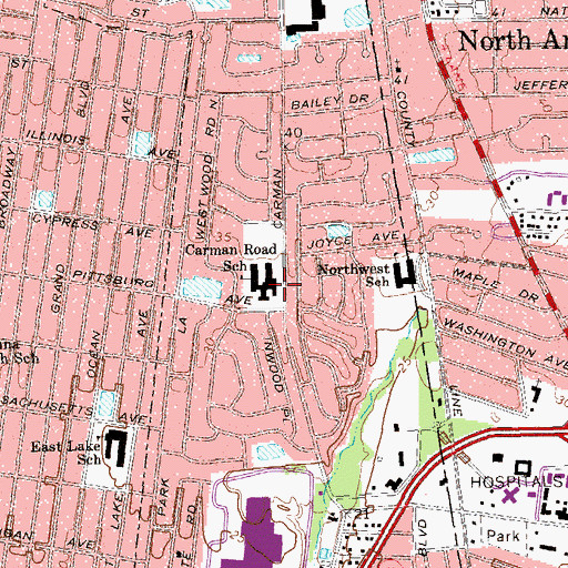 Topographic Map of Carman Road School, NY
