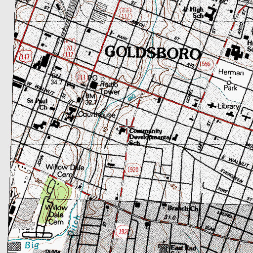 Topographic Map of Walnut Street School, NC