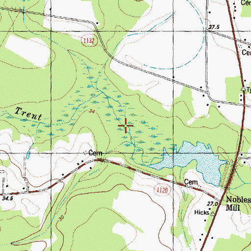 Topographic Map of Nobels Millpond, NC
