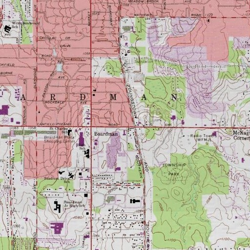 USGS 24K topo map of Boardman Township Hall, OH