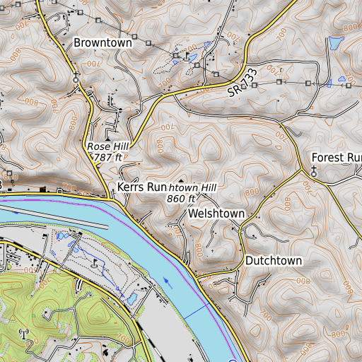OpenTopoMap map of Welshtown Hill, OH