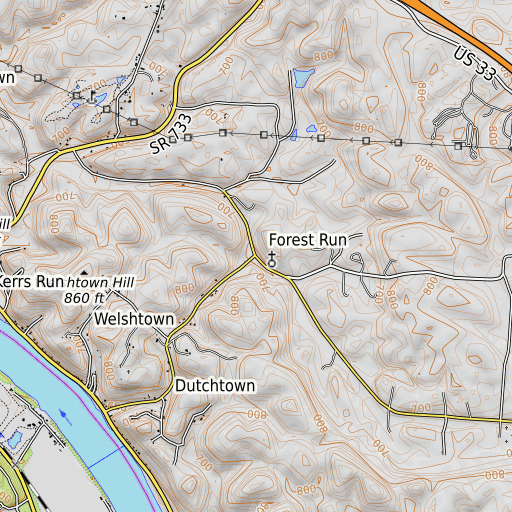 OpenTopoMap map of Forest Run, OH