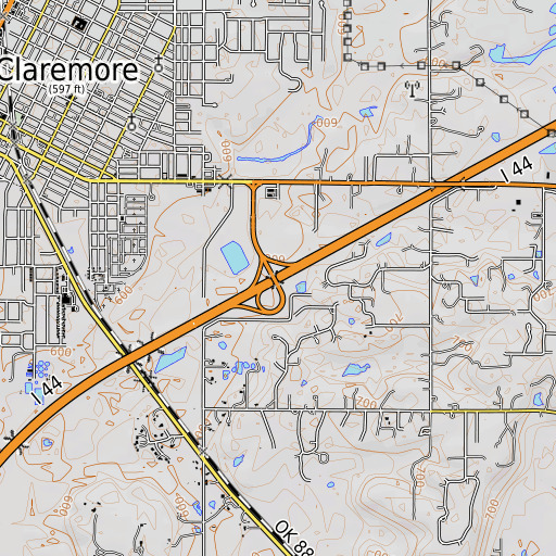 OpenTopoMap map of Claremore Interchange, OK