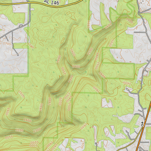 OpenTopoMap map of Basham Hollow, AL