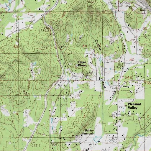 USGS 24K topo map of Three Pines, OR