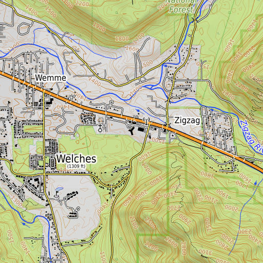 OpenTopoMap map of Welches Middle School, OR