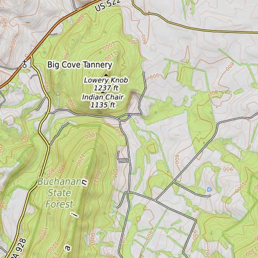 OpenTopoMap map of The Corner, PA