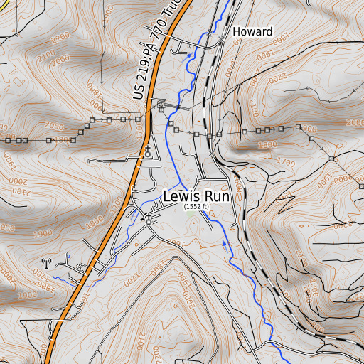 OpenTopoMap map of Lewis Run, PA