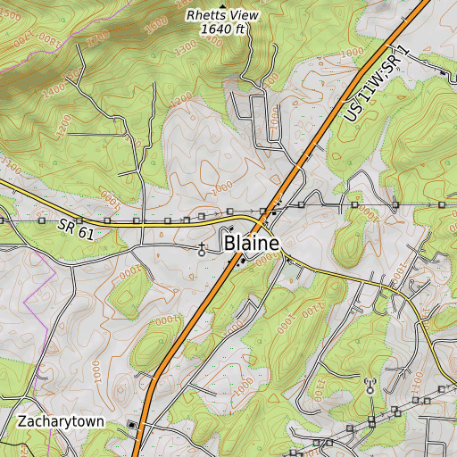 OpenTopoMap map of Rush Strong School, TN
