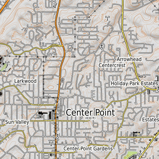 OpenTopoMap map of Center Point Lake, AL