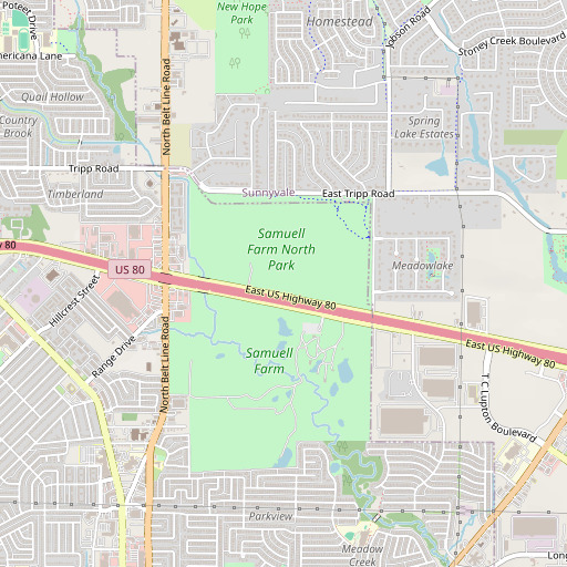 OpenStreetMap map of Samuell Mesquite Park, TX